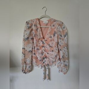 Sweet Lemon Peach Pink Floral  Blouse Size  Small Womens Tie Front Long Sleeves
